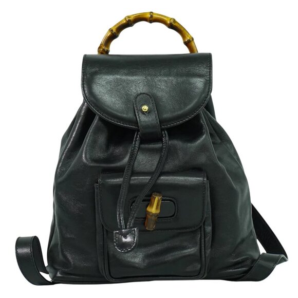 GUCCI Bamboo Leather Mini Backpack Black Gold - Picture 1 of 10